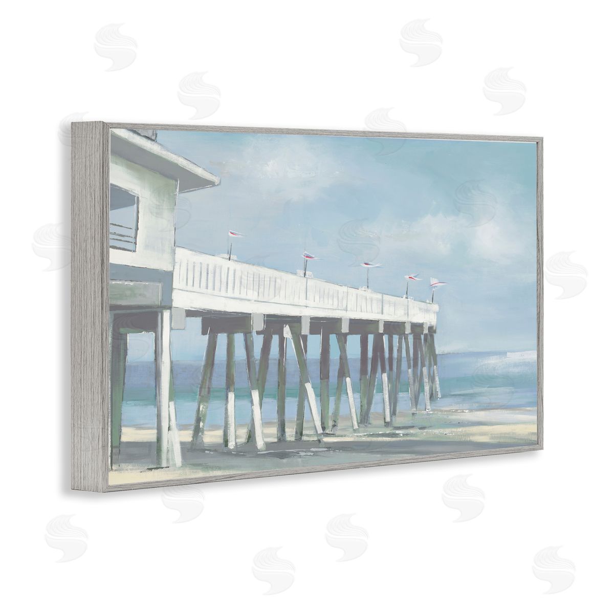 Extended Pier over Beach Grey Frame Print Wall Art, Home Decor by Liz Jardine