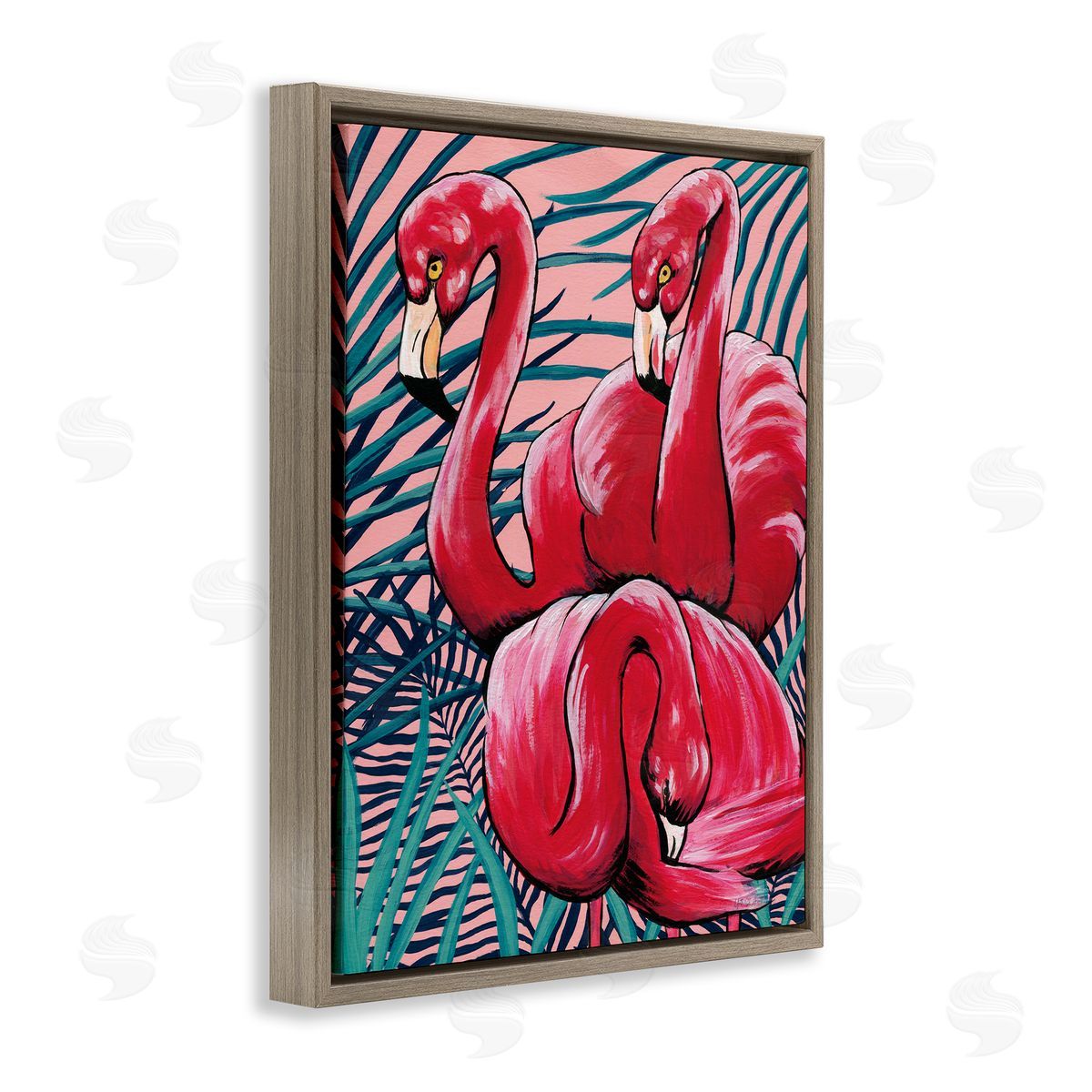 Tropical Paradise Flamingos Brown Floating Frame Canvas Wall Art, Home Decor by Yvette St. Amant