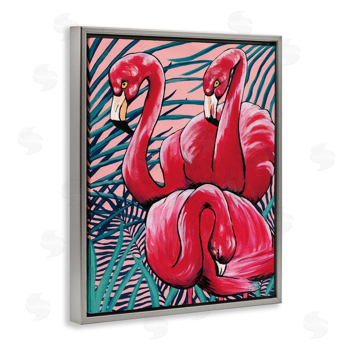 Tropical Paradise Flamingos Grey Floating Frame Canvas Wall Art, Home Decor by Yvette St. Amant