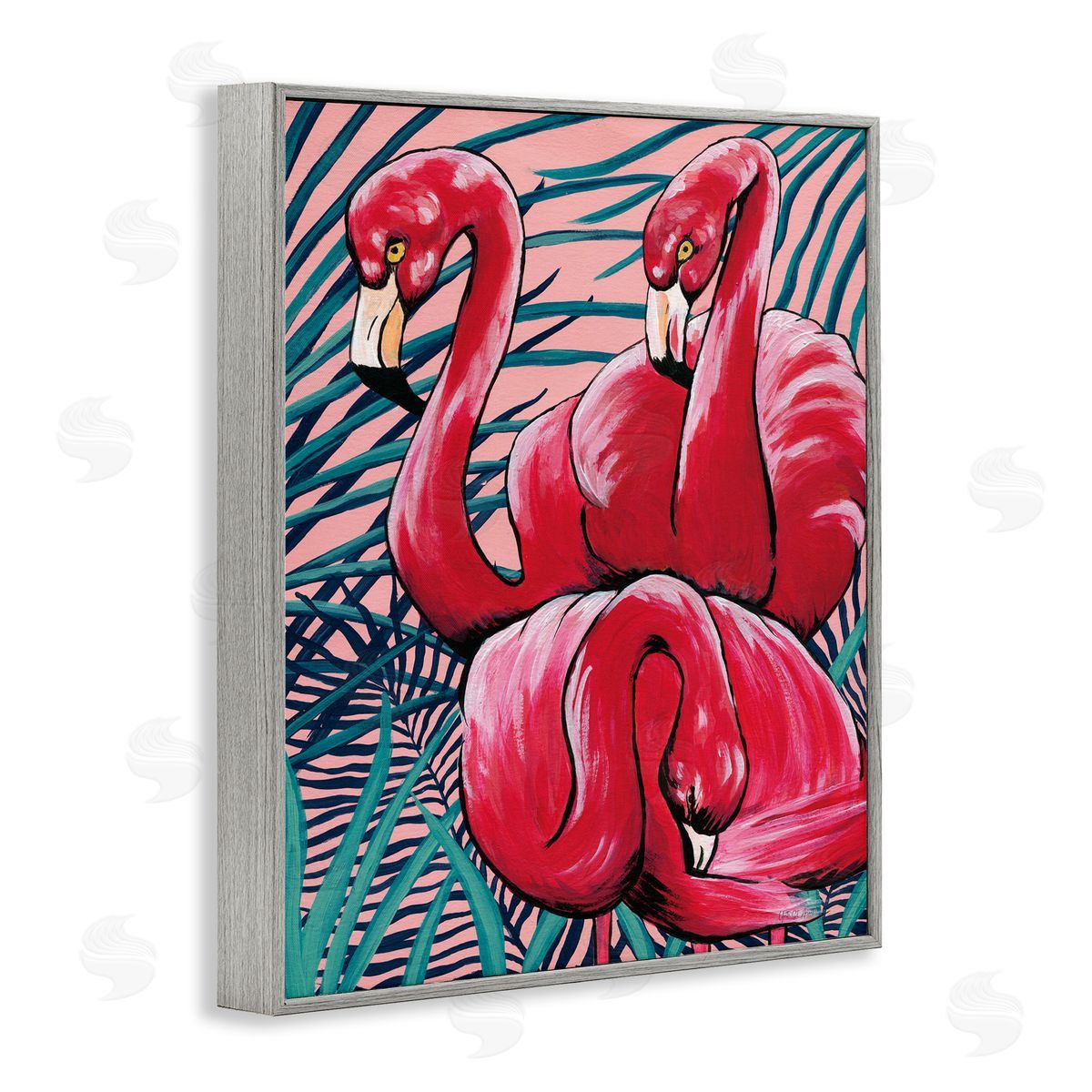Tropical Paradise Flamingos Grey Frame Print Wall Art, Home Decor by Yvette St. Amant