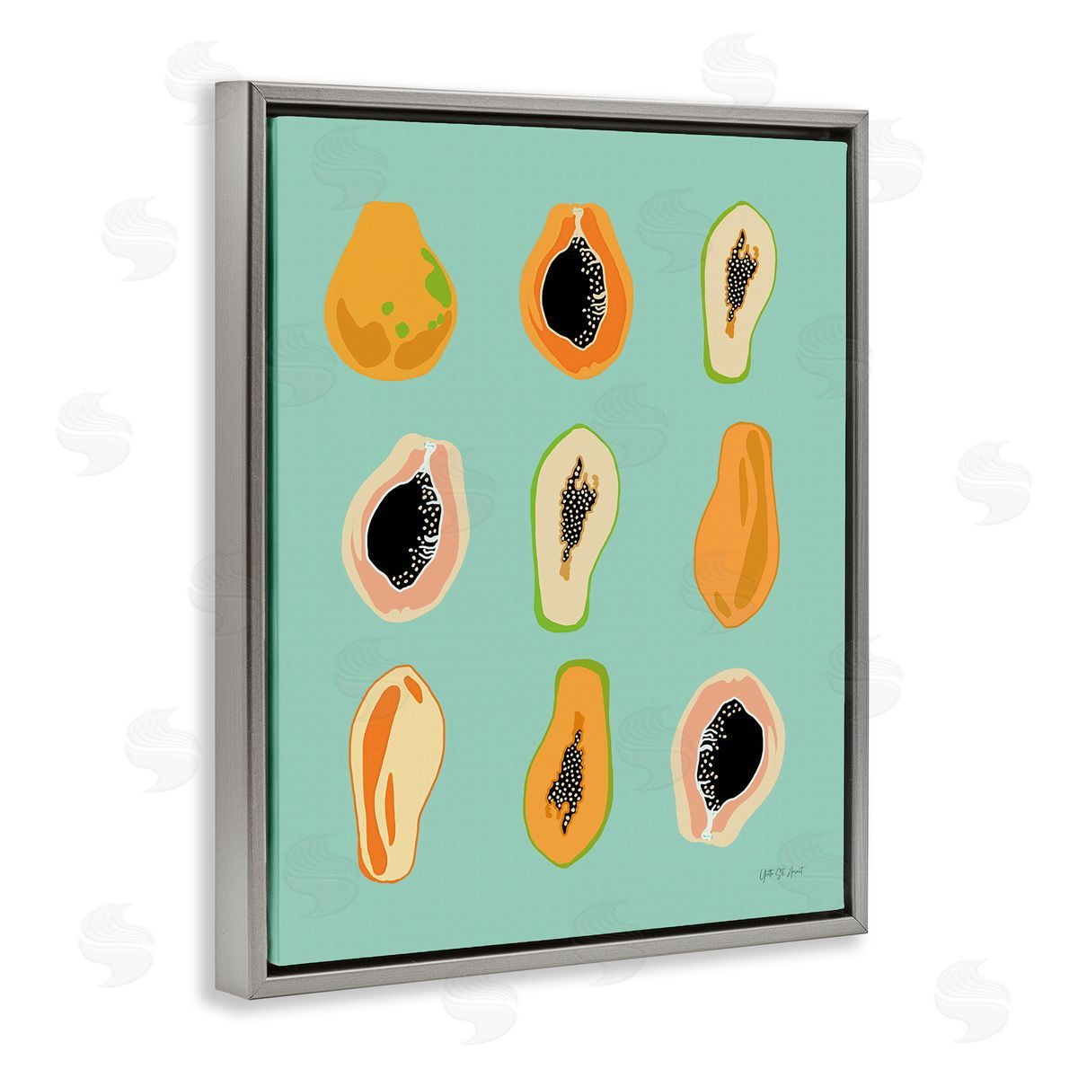 Papaya Fruits on Blue Grey Floating Frame Canvas Wall Art, Home Decor by Yvette St. Amant