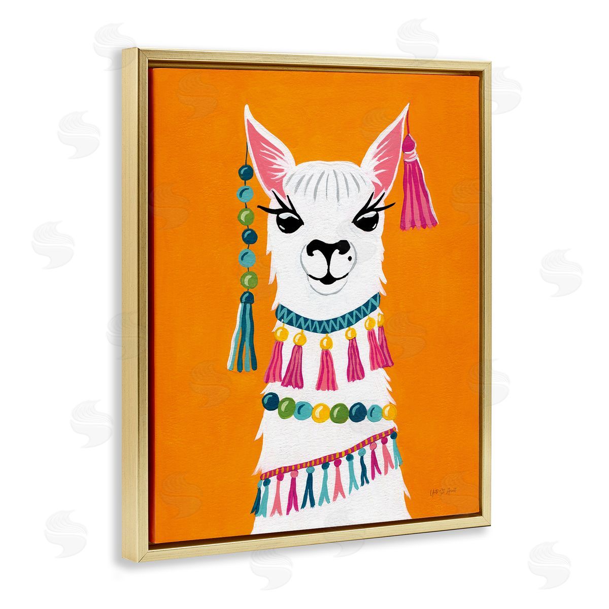 Festive Llama Portrait Gold Floating Frame Canvas Wall Art, Home Decor by Yvette St. Amant