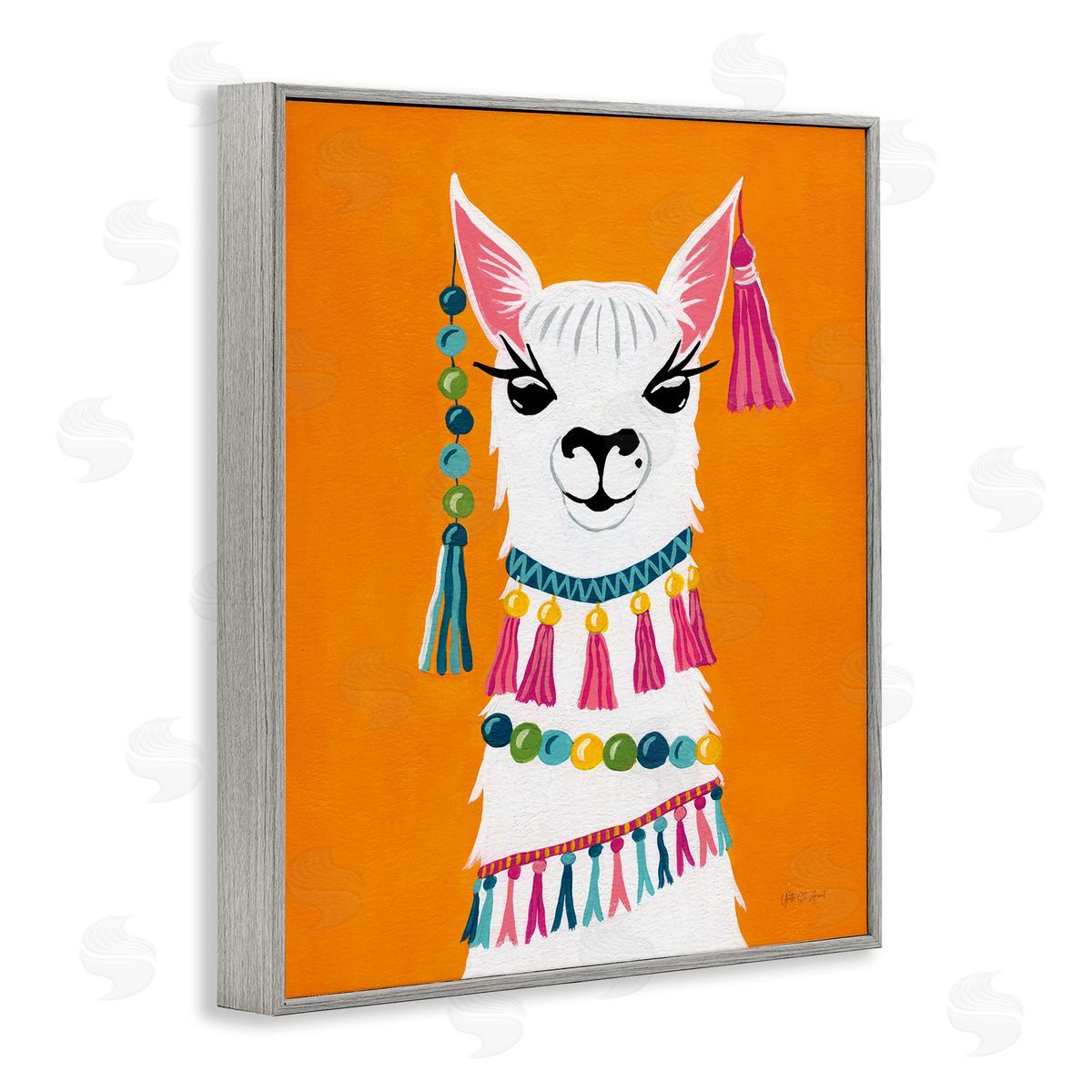 Festive Llama Portrait Grey Frame Print Wall Art, Home Decor by Yvette St. Amant