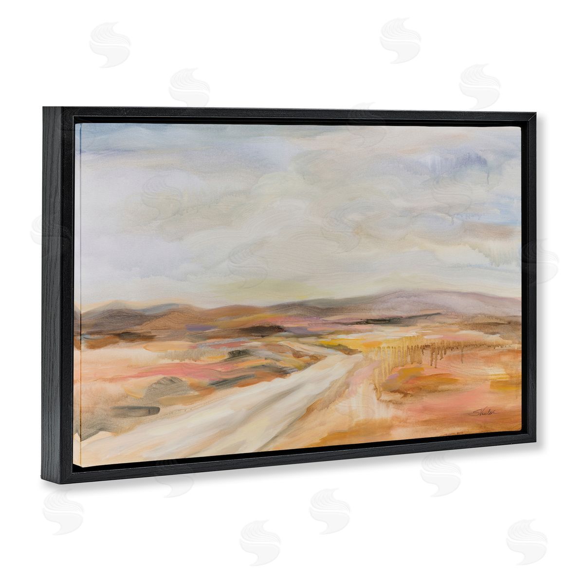 White Desert Road Black Floating Frame Canvas Wall Art, Home Decor by Silvia Vassileva
