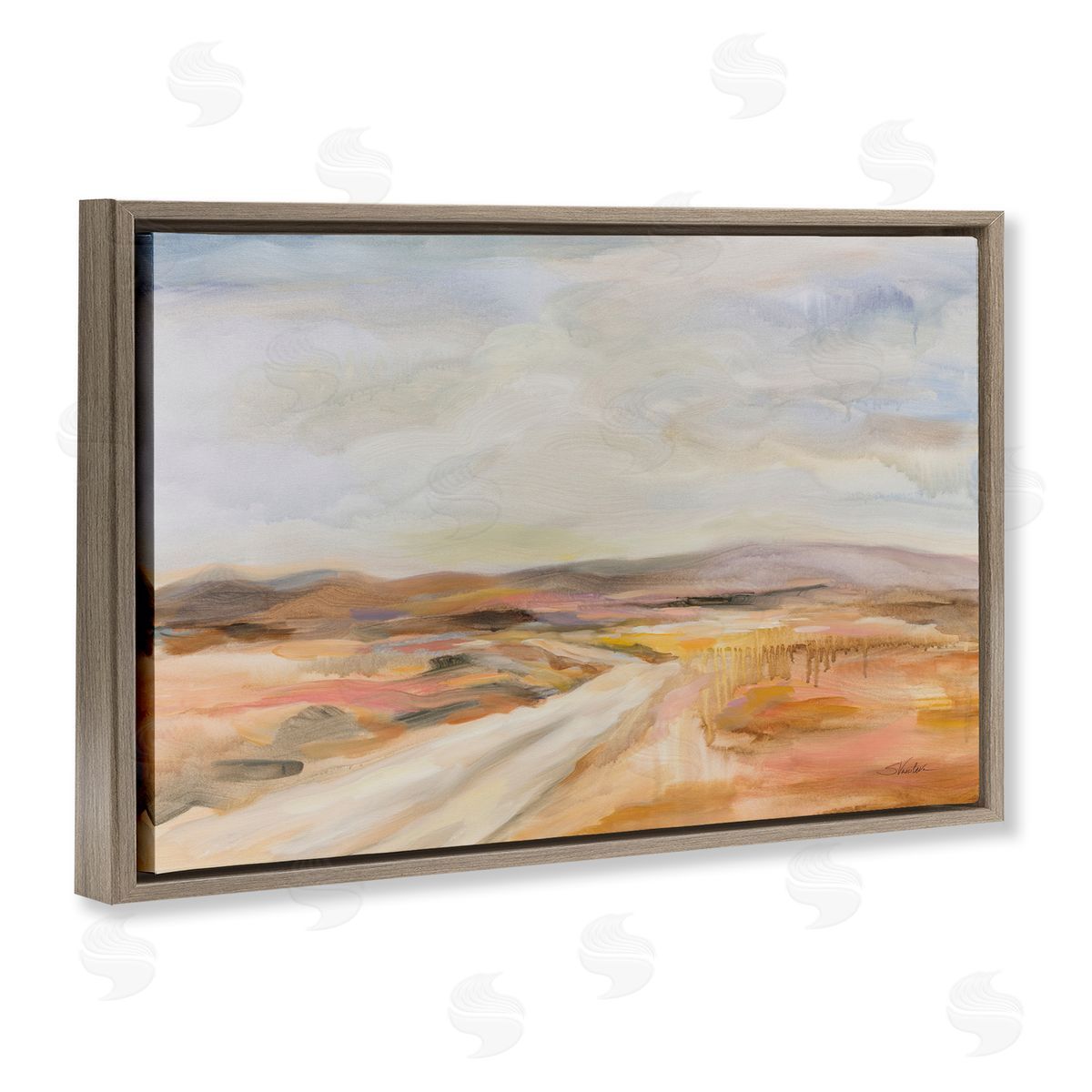 White Desert Road Brown Floating Frame Canvas Wall Art, Home Decor by Silvia Vassileva