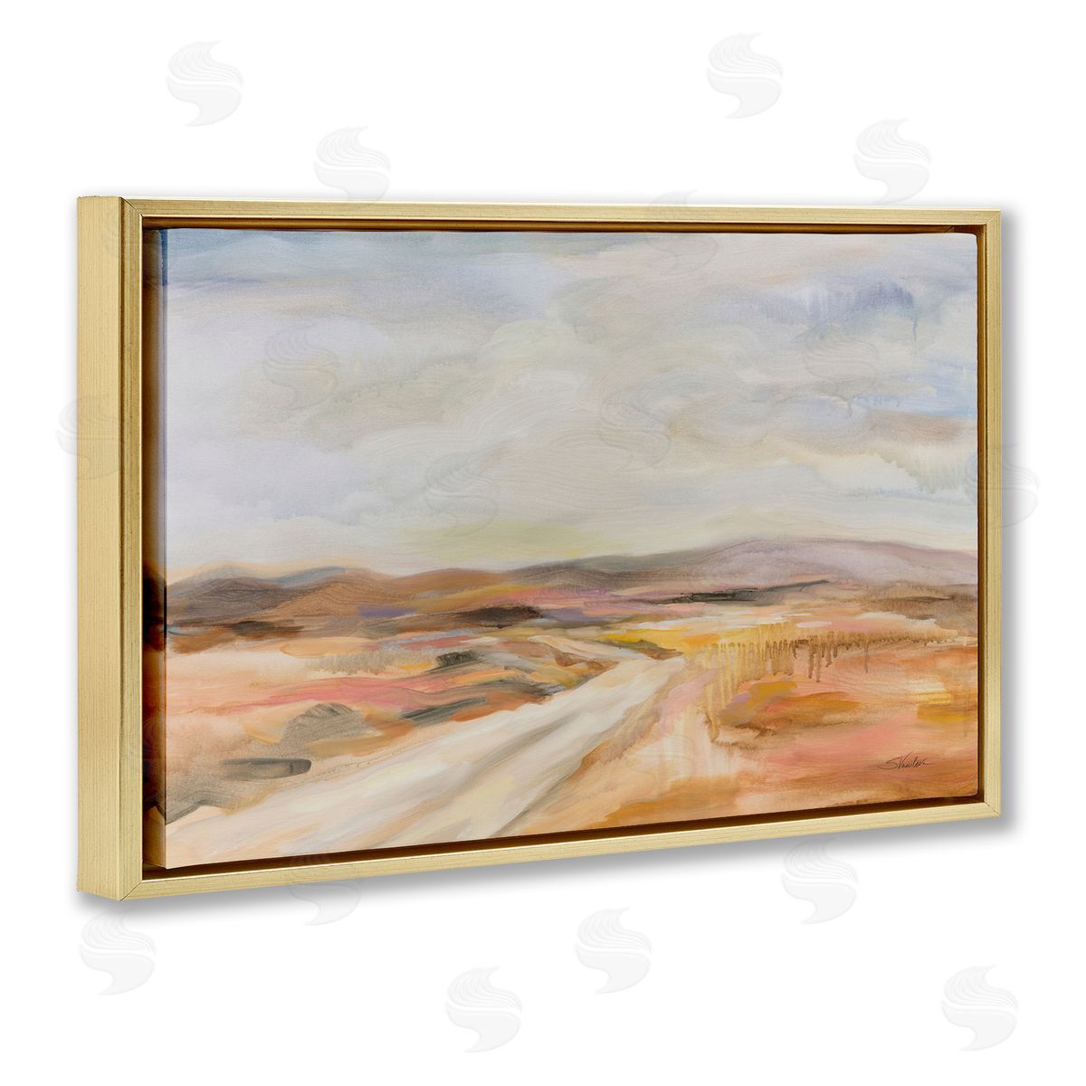 White Desert Road Gold Floating Frame Canvas Wall Art, Home Decor by Silvia Vassileva