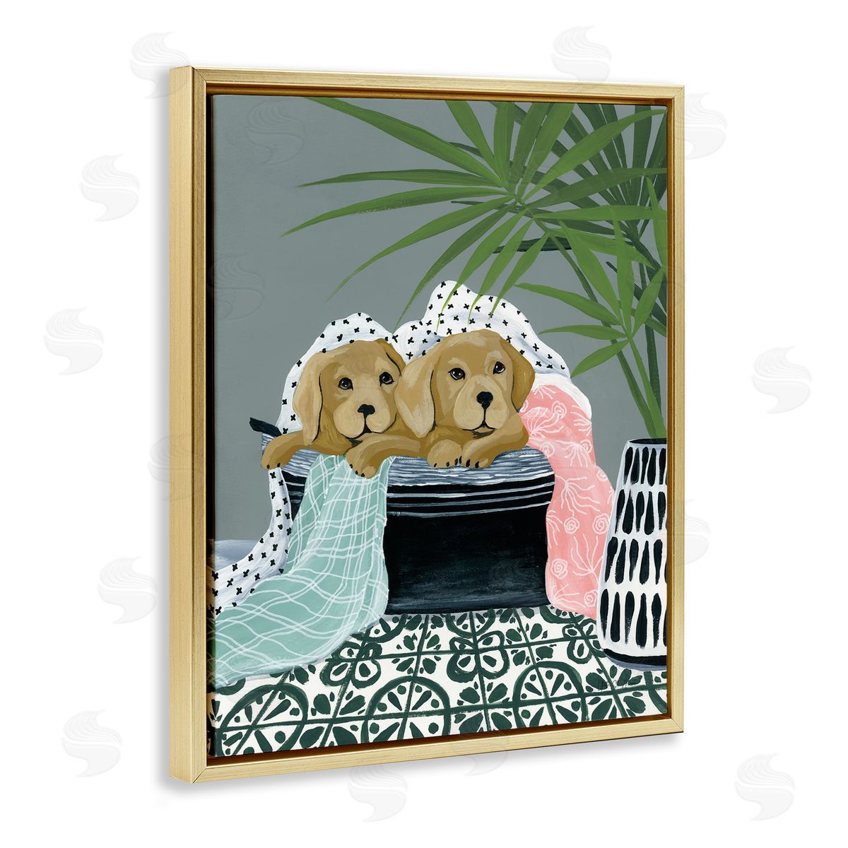 Cuddling Laundry Dogs Gold Floating Frame Canvas Wall Art, Home Decor by Yvette St. Amant