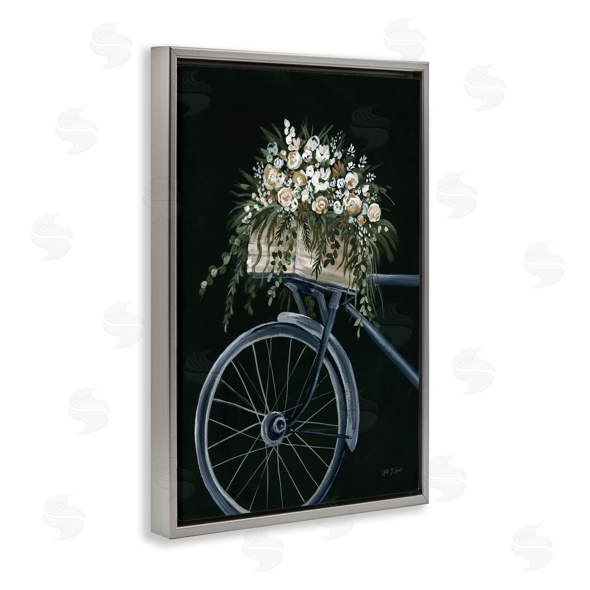 Vintage Bicycle with Florals Grey Floating Frame Canvas Wall Art, Home Decor by Yvette St. Amant