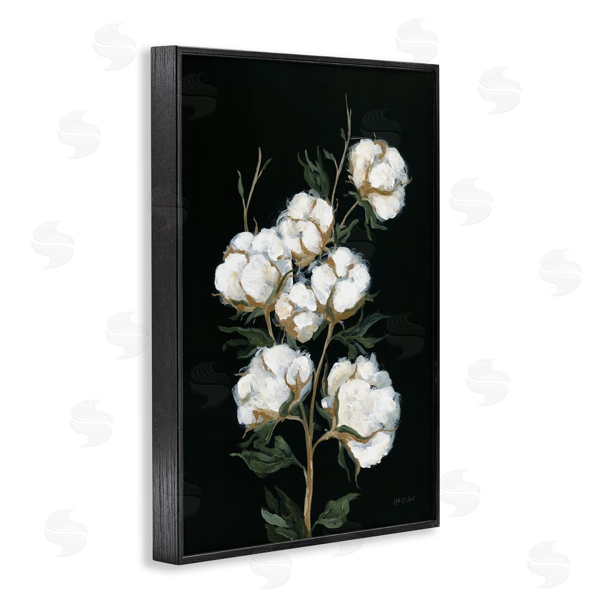 Vintage Stems of Cotton Black Frame Print Wall Art, Home Decor by Yvette St. Amant