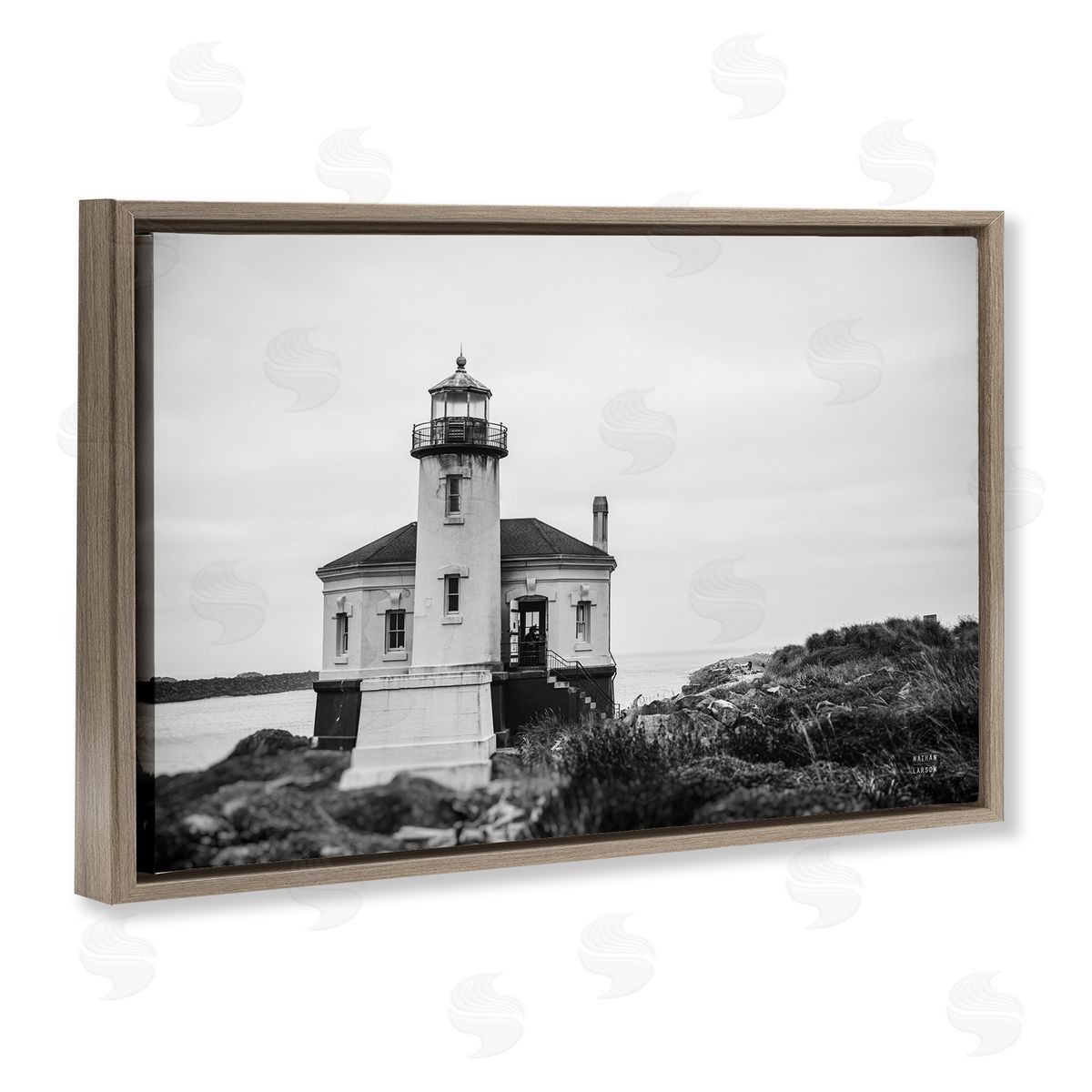 Looking Out Lighthouse Brown Floating Frame Canvas Wall Art, Home Decor by Nathan Larson