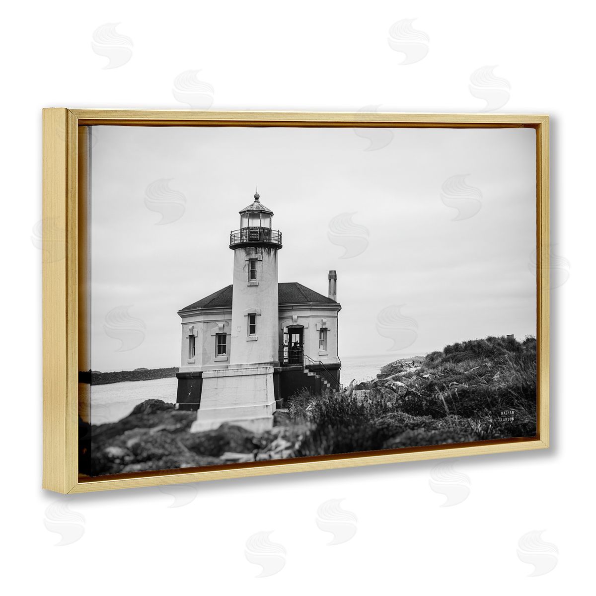 Looking Out Lighthouse Gold Floating Frame Canvas Wall Art, Home Decor by Nathan Larson