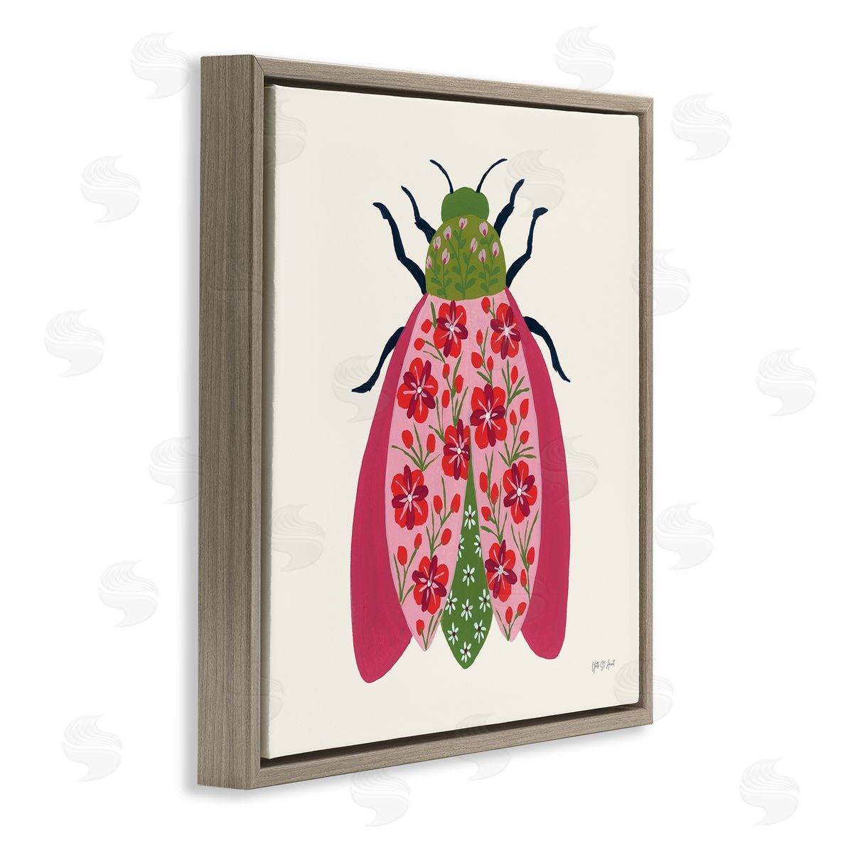 Pink & Green Blooming Beetle Brown Floating Frame Canvas Wall Art, Home Decor by Yvette St. Amant