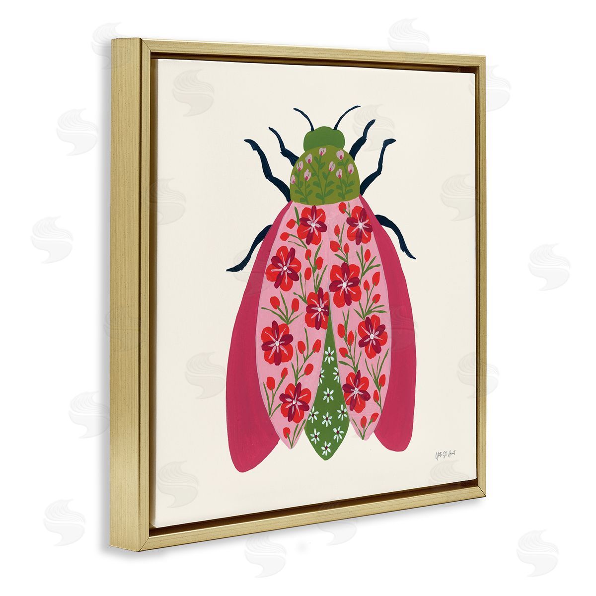 Pink & Green Blooming Beetle Gold Floating Frame Canvas Wall Art, Home Decor by Yvette St. Amant