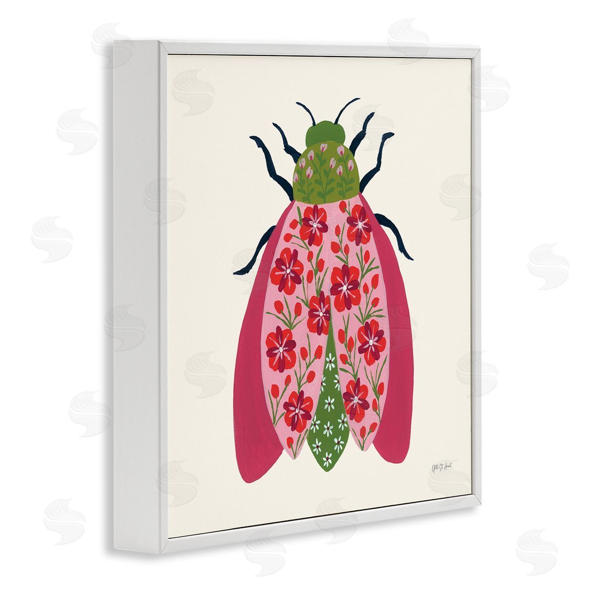Pink & Green Blooming Beetle White Frame Print Wall Art, Home Decor by Yvette St. Amant