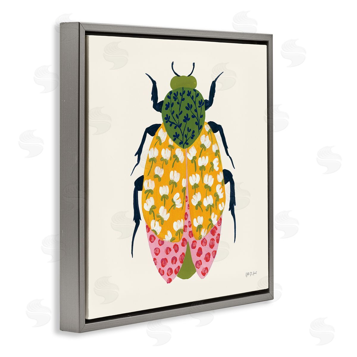 Mixed Blooms Beetle Grey Floating Frame Canvas Wall Art, Home Decor by Yvette St. Amant