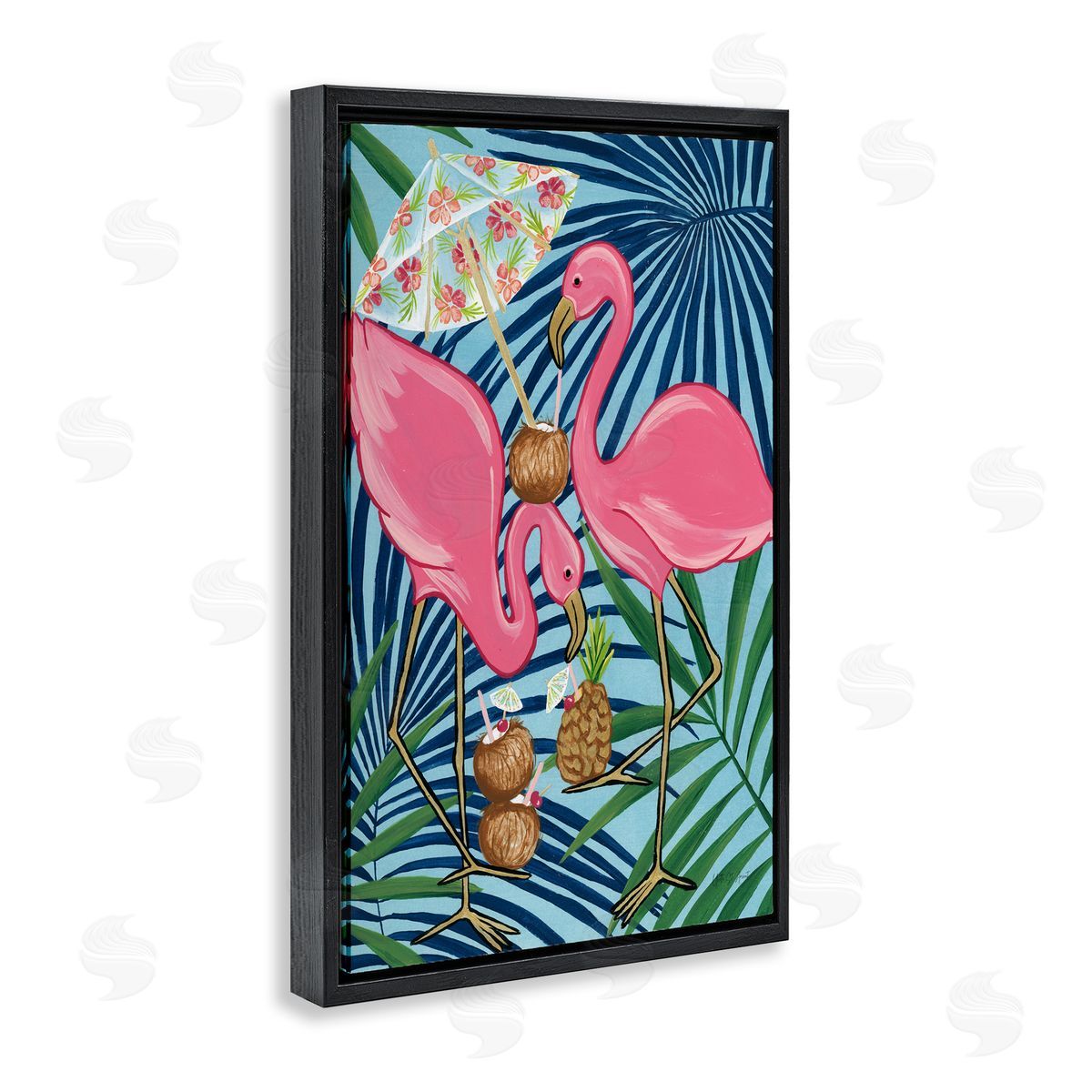 Flamingo Happy Hour Black Floating Frame Canvas Wall Art, Home Decor by Yvette St. Amant