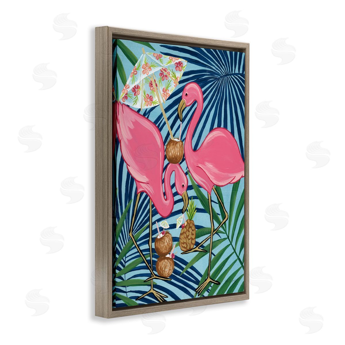 Flamingo Happy Hour Brown Floating Frame Canvas Wall Art, Home Decor by Yvette St. Amant