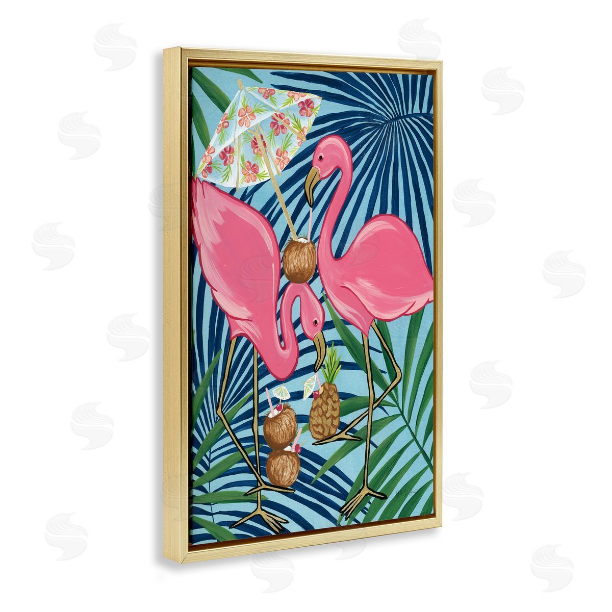 Flamingo Happy Hour Gold Floating Frame Canvas Wall Art, Home Decor by Yvette St. Amant