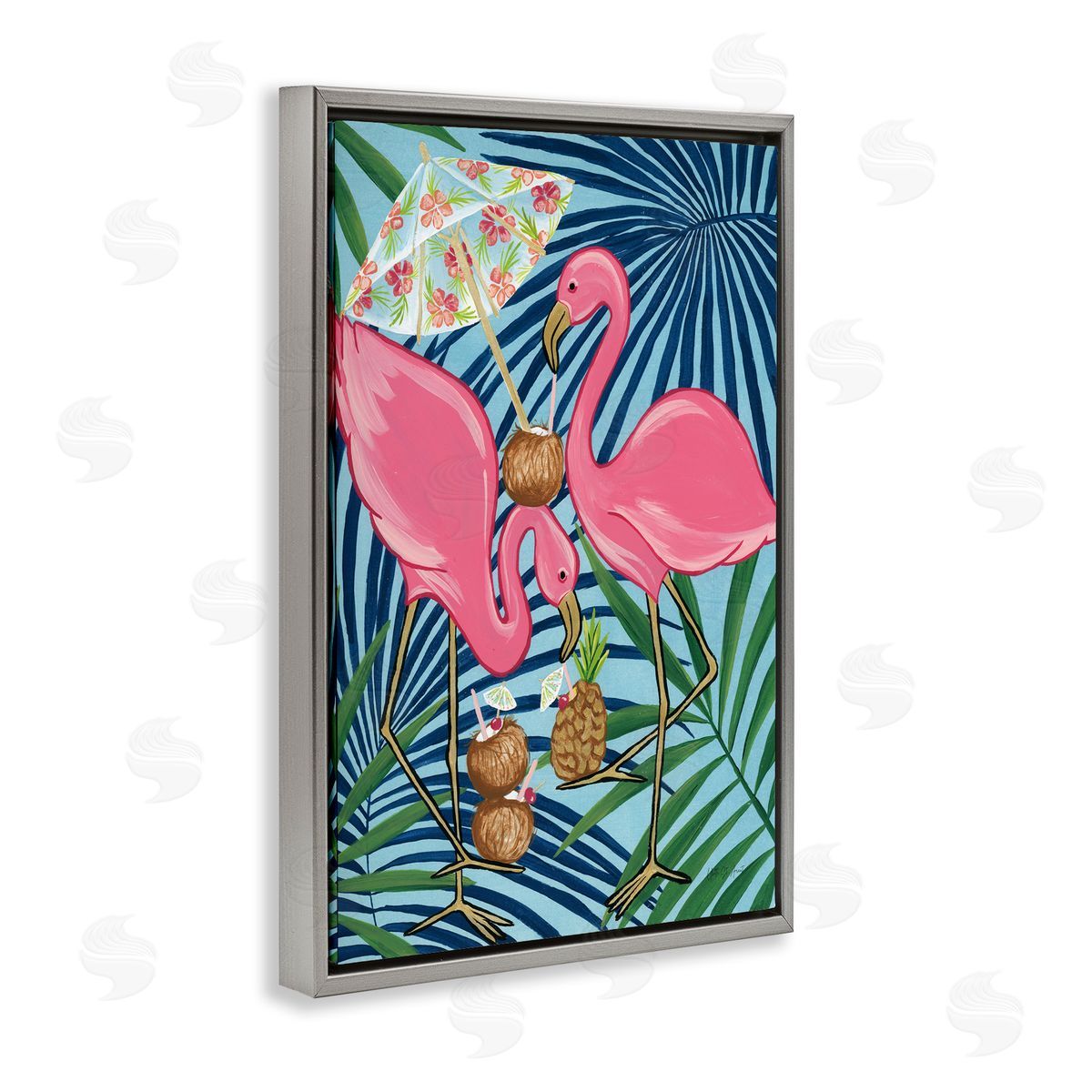 Flamingo Happy Hour Grey Floating Frame Canvas Wall Art, Home Decor by Yvette St. Amant