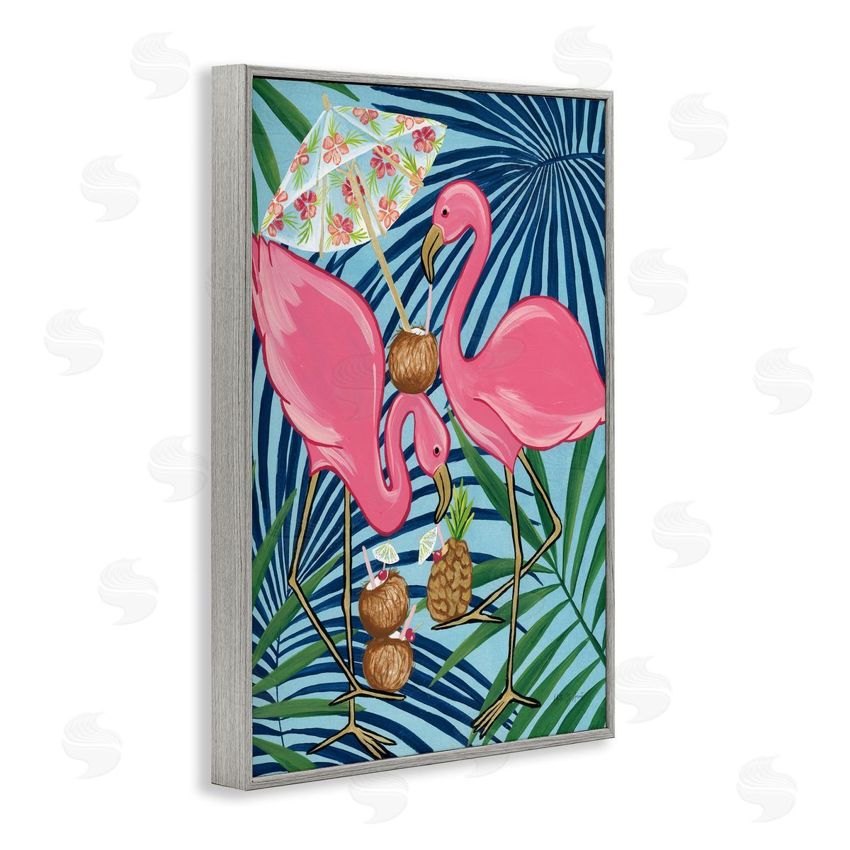 Flamingo Happy Hour Grey Frame Print Wall Art, Home Decor by Yvette St. Amant