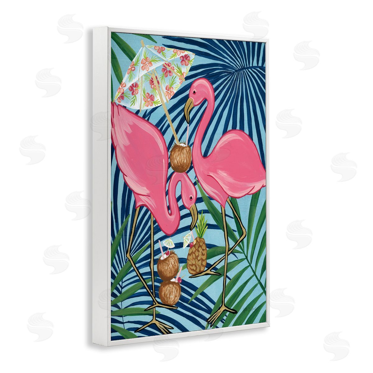 Flamingo Happy Hour White Frame Print Wall Art, Home Decor by Yvette St. Amant
