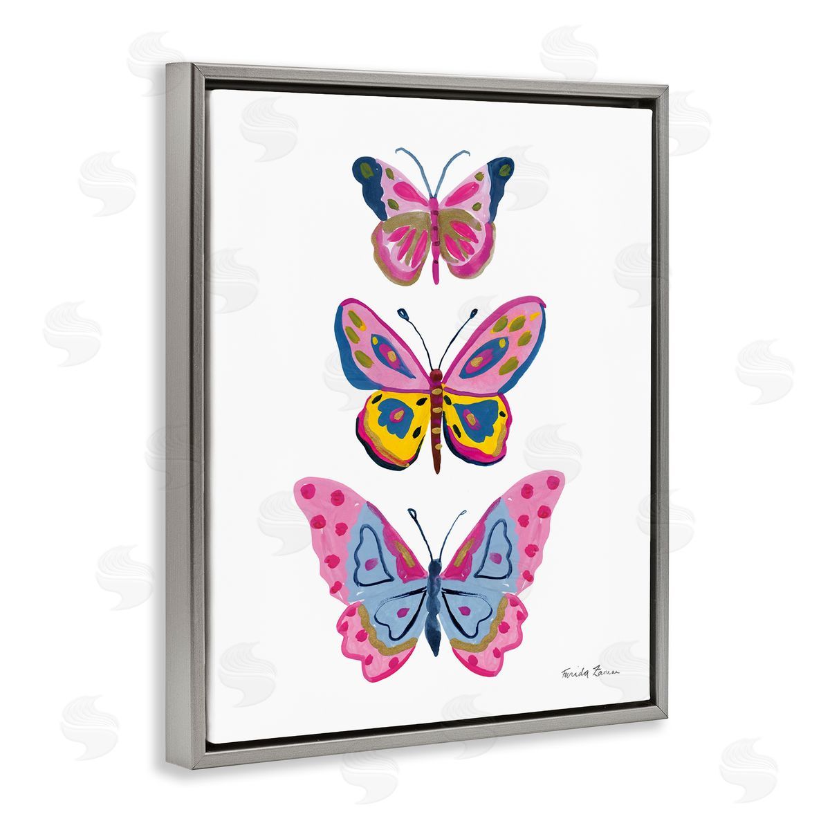 Three Butterfly Trio Grey Floating Frame Canvas Wall Art, Home Decor by Farida Zaman
