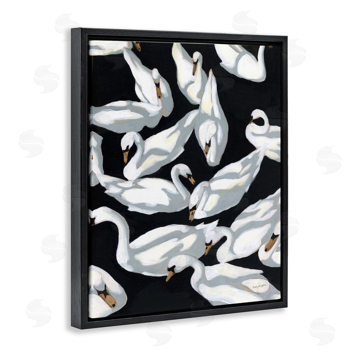 Overlapping Swans on Black Black Floating Frame Canvas Wall Art, Home Decor by Haley Knighten