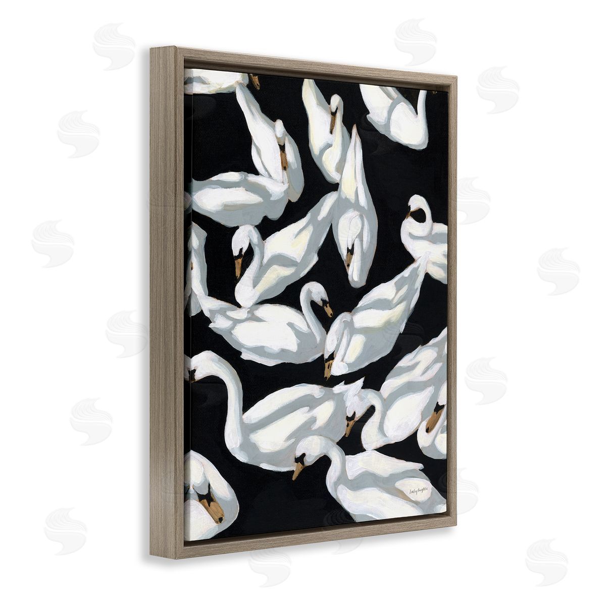 Overlapping Swans on Black Brown Floating Frame Canvas Wall Art, Home Decor by Haley Knighten
