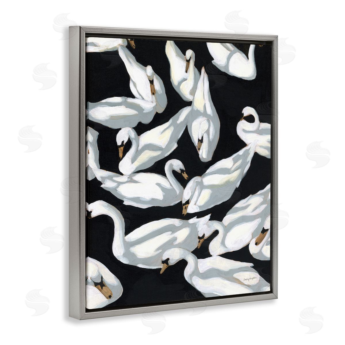 Overlapping Swans on Black Grey Floating Frame Canvas Wall Art, Home Decor by Haley Knighten