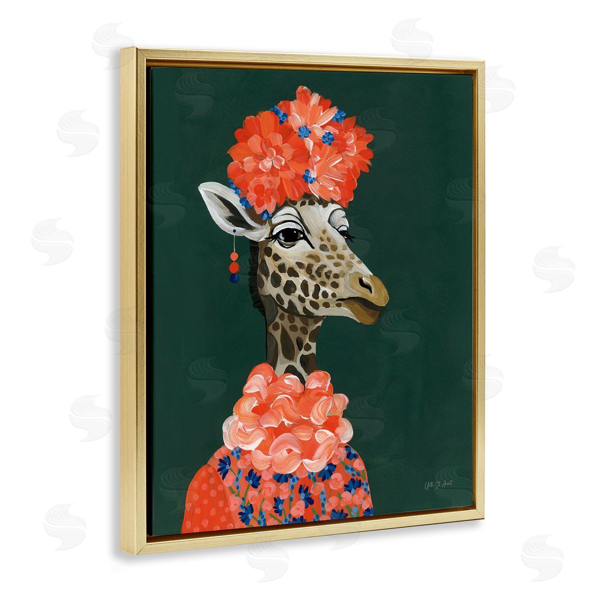 Regal Giraffe Portrait Gold Floating Frame Canvas Wall Art, Home Decor by Yvette St. Amant