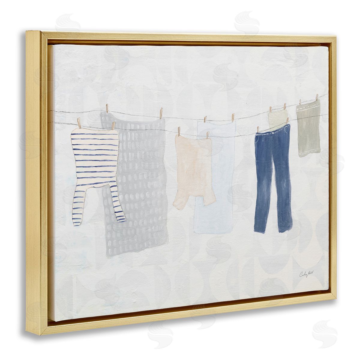 Laundry Day Hanging Clothes Gold Floating Frame Canvas Wall Art, Home Decor by Courtney Prahl