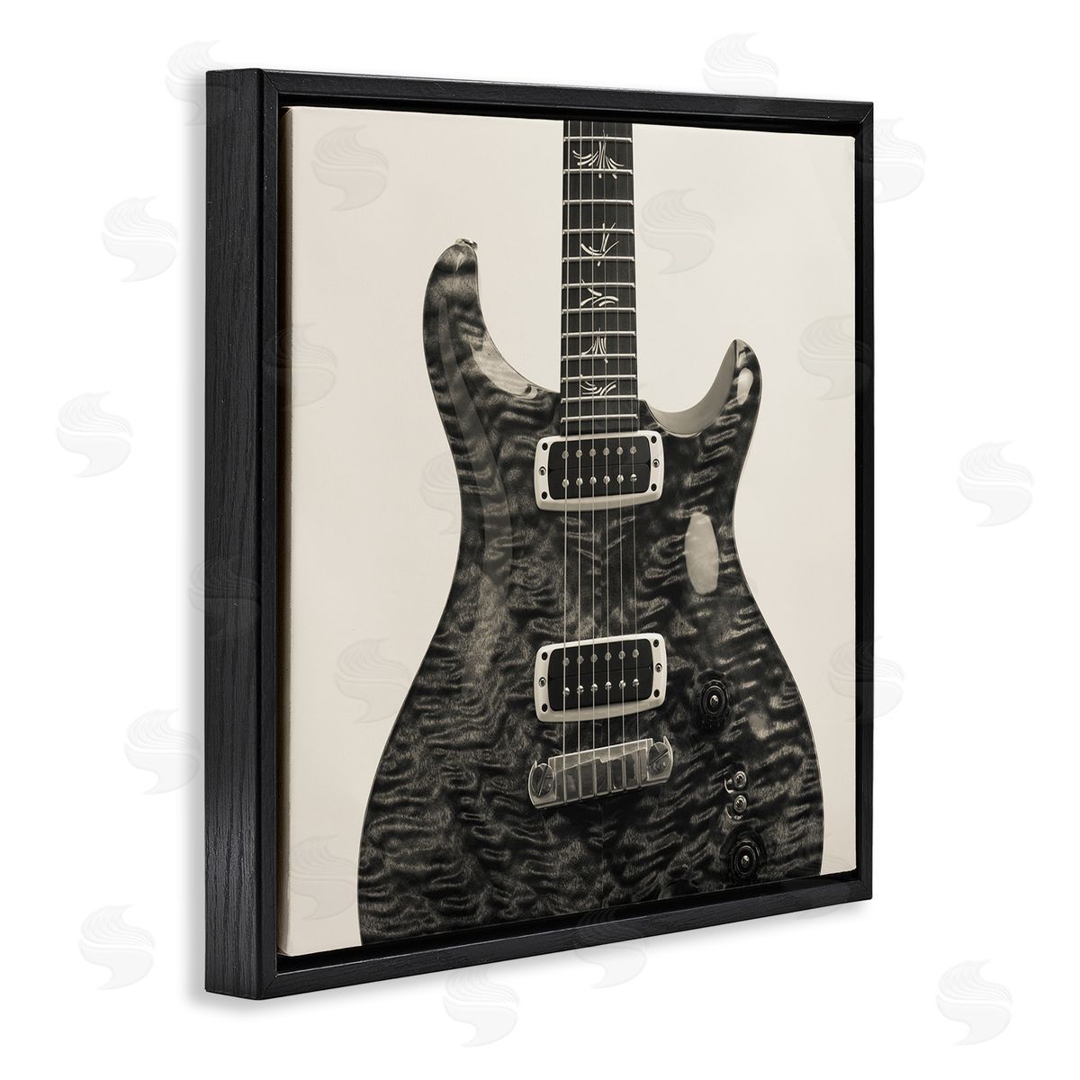 Wave Patterned Guitar Black Floating Frame Canvas Wall Art, Home Decor by Deborah Revell