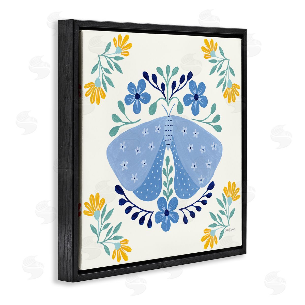 Blue Folk Butterfly Black Floating Frame Canvas Wall Art, Home Decor by Yvette St. Amant