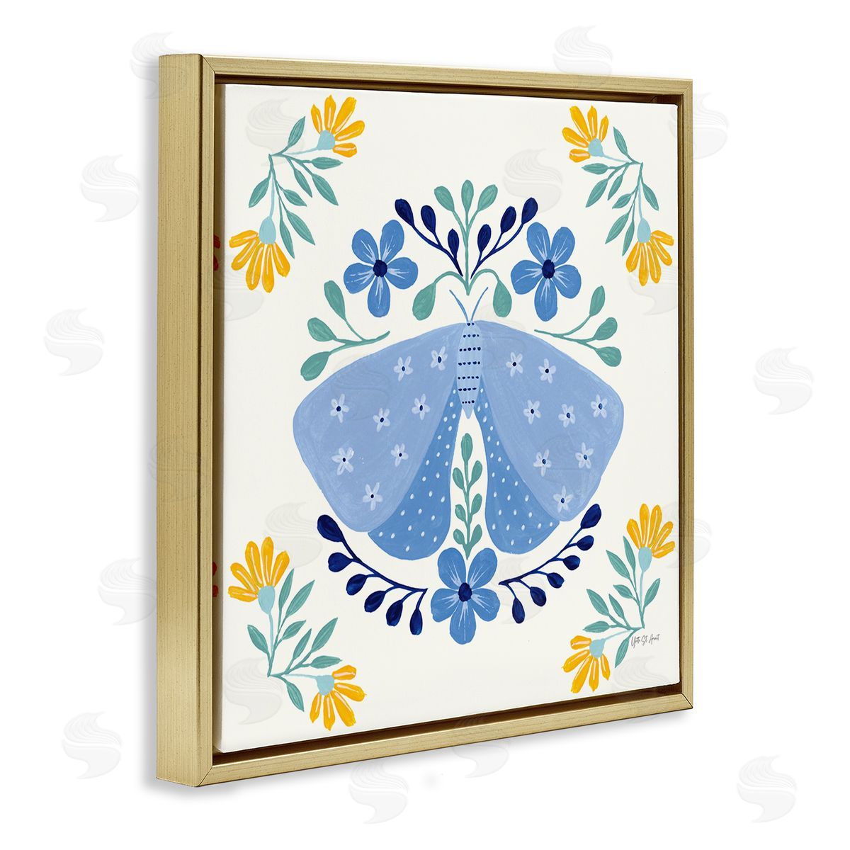 Blue Folk Butterfly Gold Floating Frame Canvas Wall Art, Home Decor by Yvette St. Amant