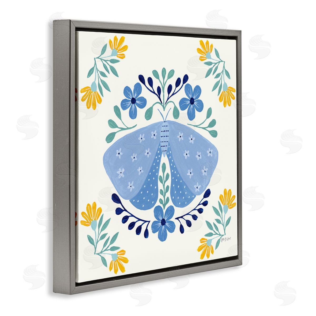 Blue Folk Butterfly Grey Floating Frame Canvas Wall Art, Home Decor by Yvette St. Amant