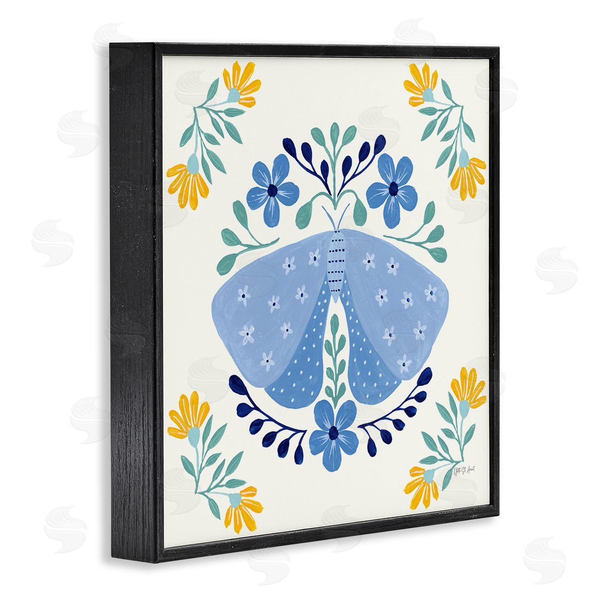 Blue Folk Butterfly Black Frame Print Wall Art, Home Decor by Yvette St. Amant