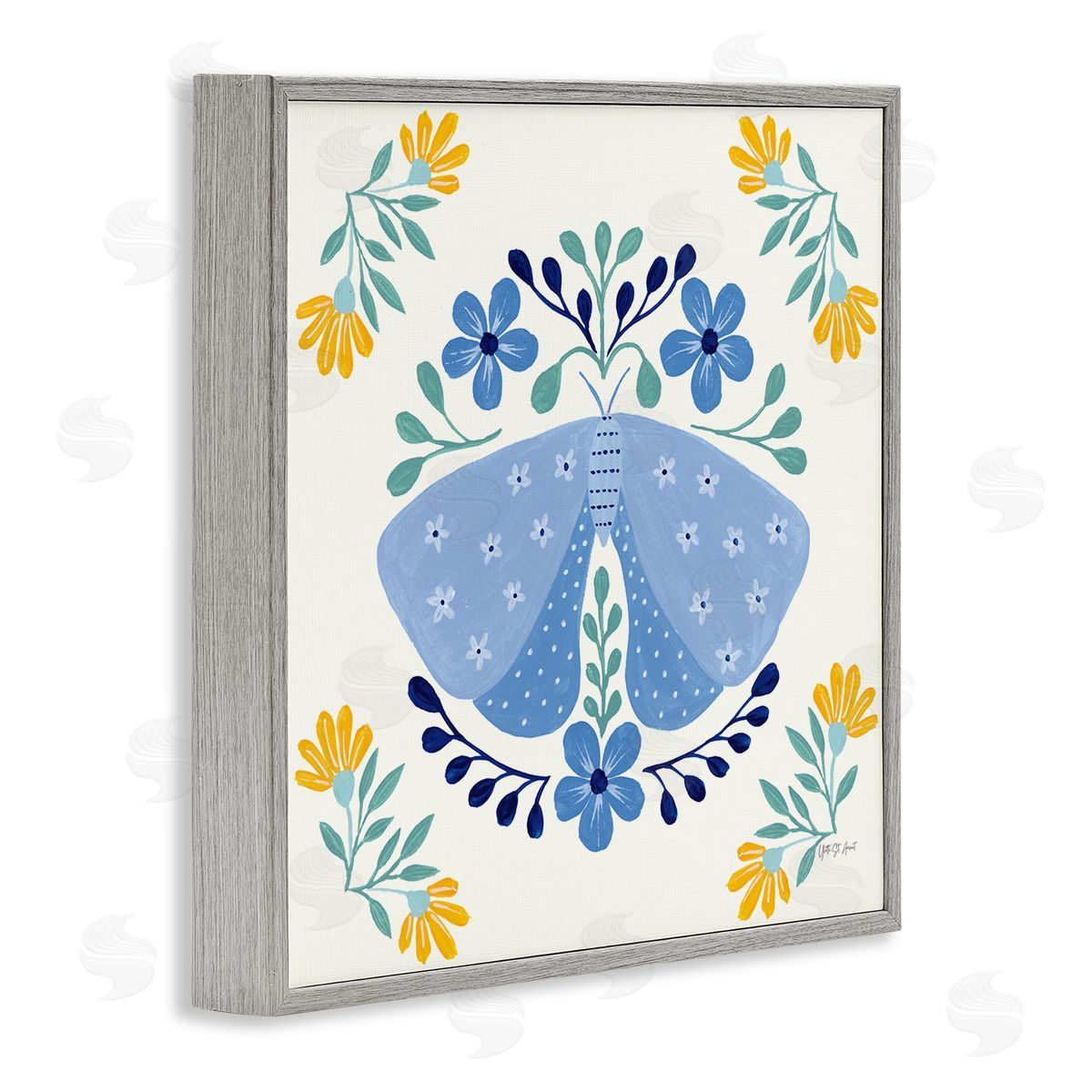 Blue Folk Butterfly Grey Frame Print Wall Art, Home Decor by Yvette St. Amant