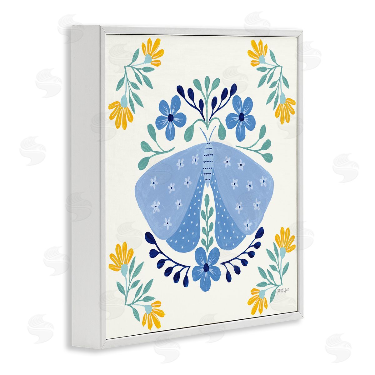 Blue Folk Butterfly White Frame Print Wall Art, Home Decor by Yvette St. Amant
