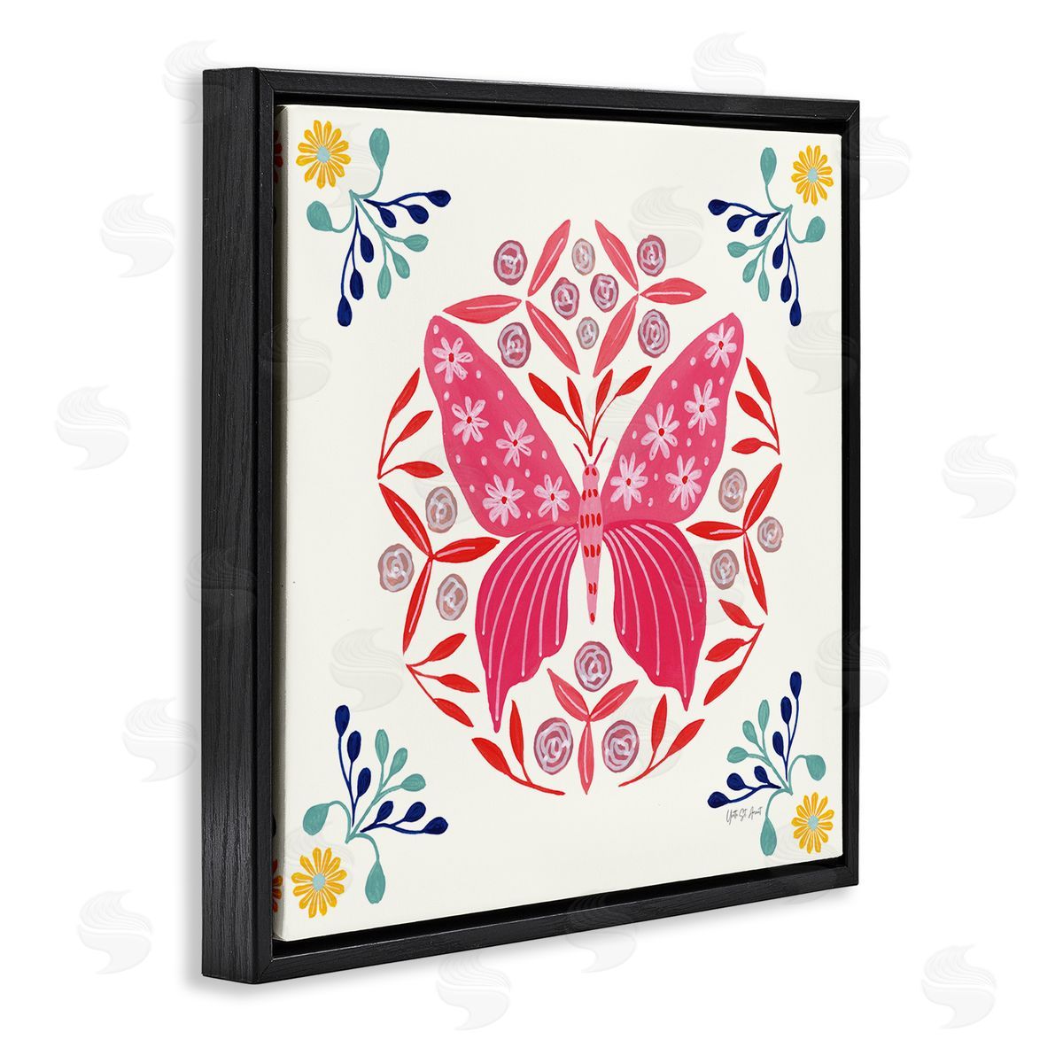 Pink Folk Butterfly Black Floating Frame Canvas Wall Art, Home Decor by Yvette St. Amant