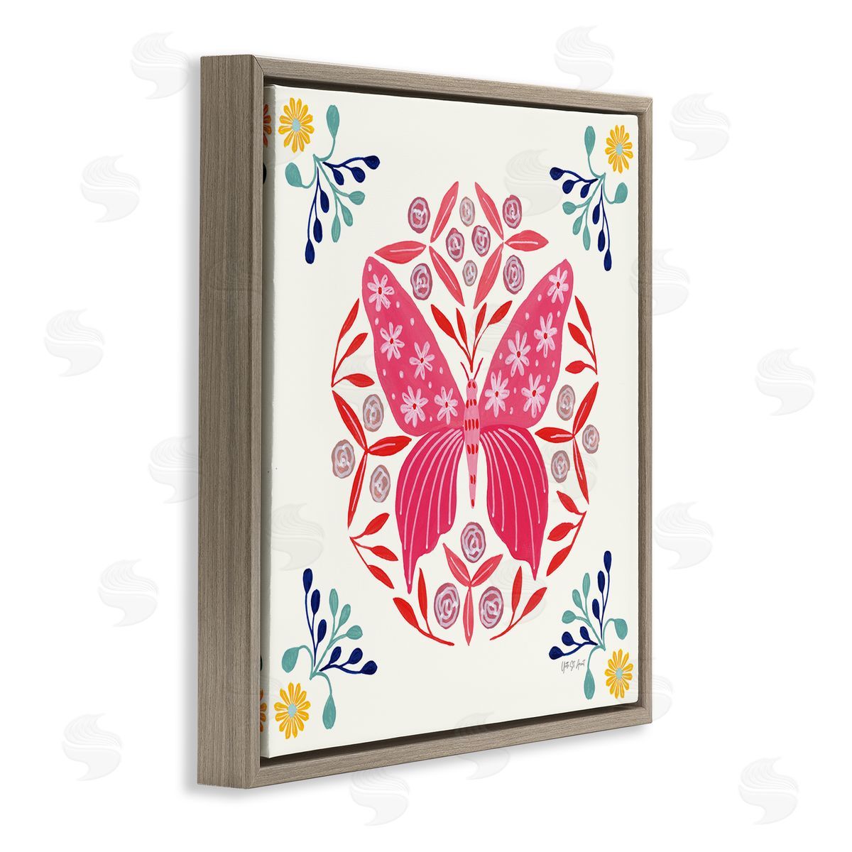 Pink Folk Butterfly Brown Floating Frame Canvas Wall Art, Home Decor by Yvette St. Amant