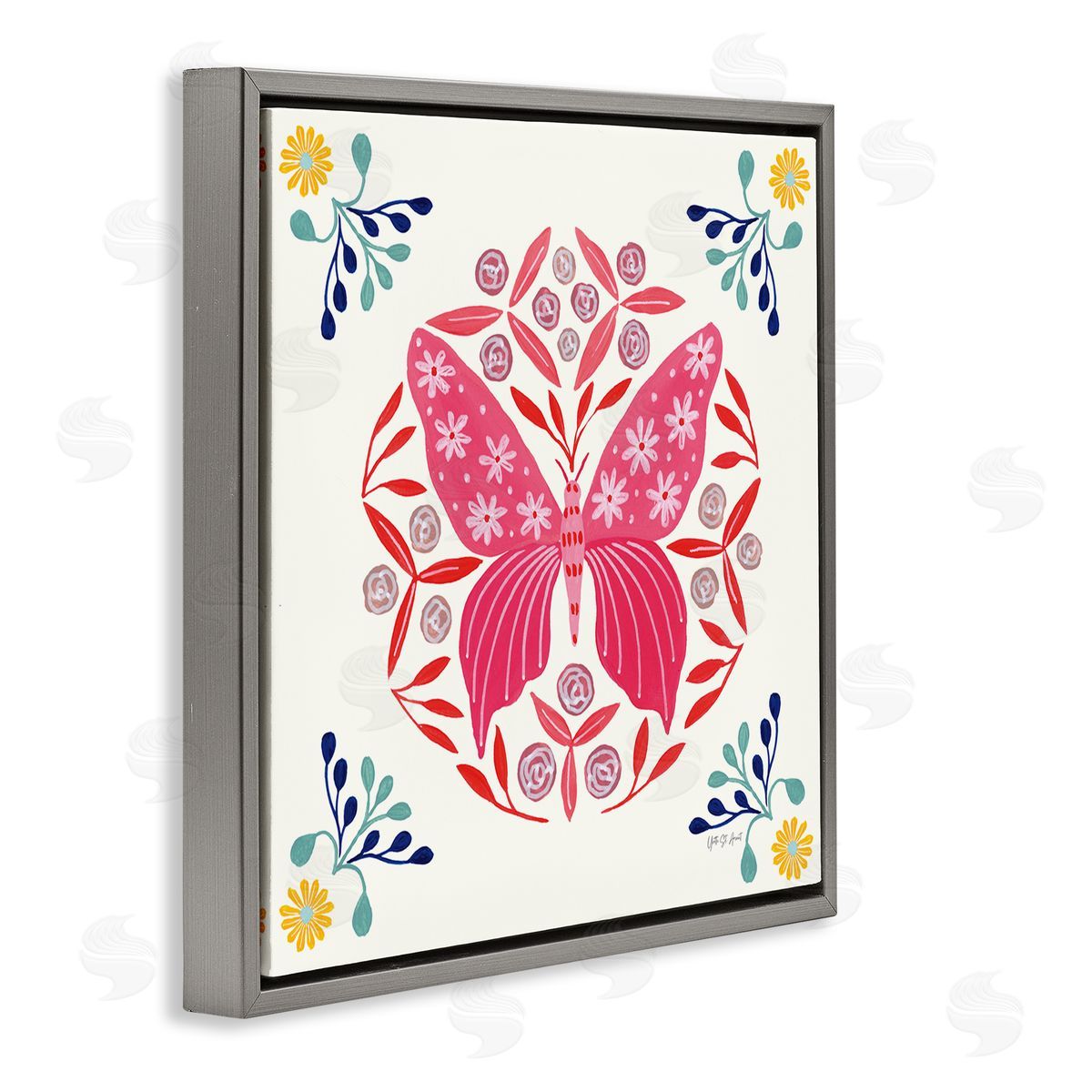 Pink Folk Butterfly Grey Floating Frame Canvas Wall Art, Home Decor by Yvette St. Amant