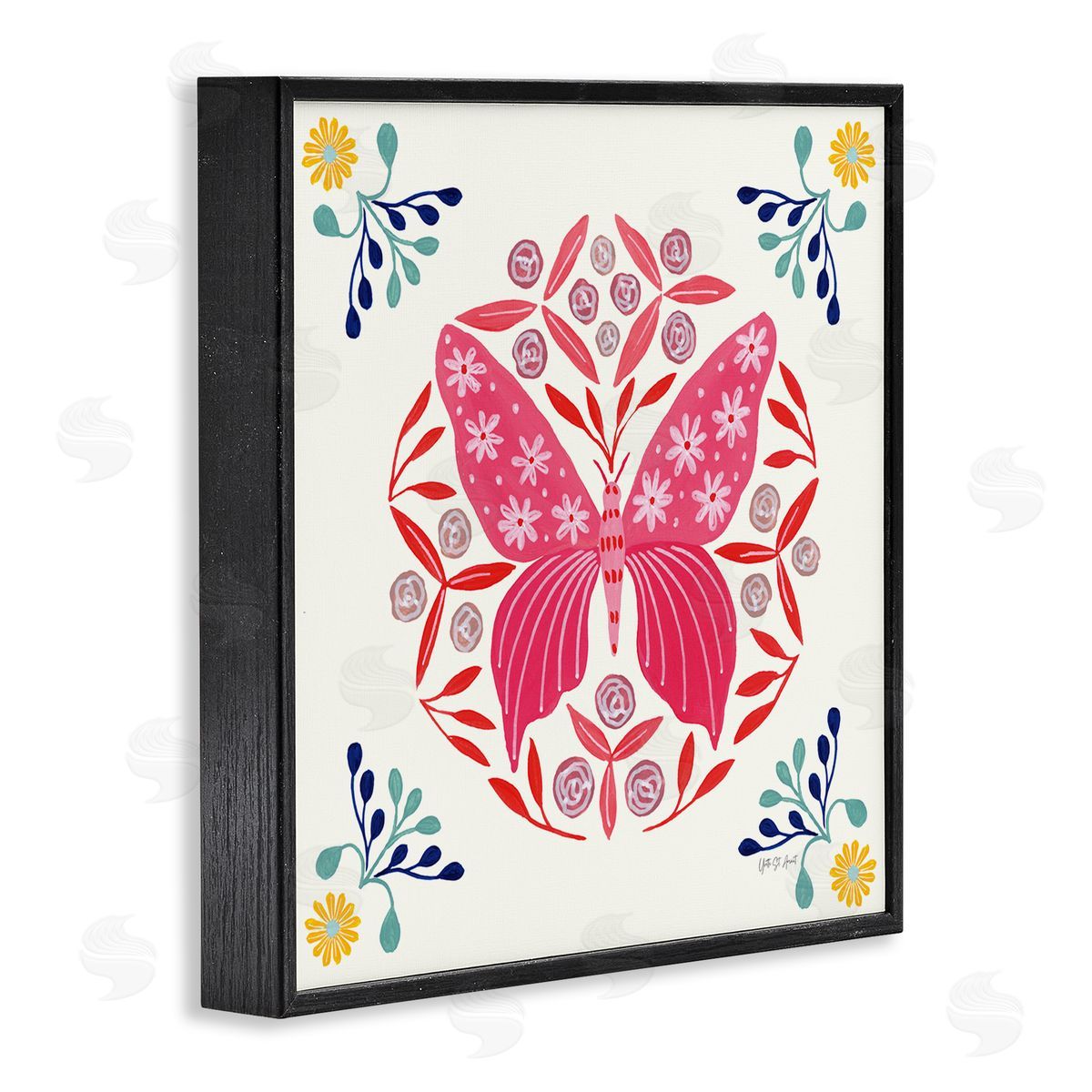 Pink Folk Butterfly Black Frame Print Wall Art, Home Decor by Yvette St. Amant