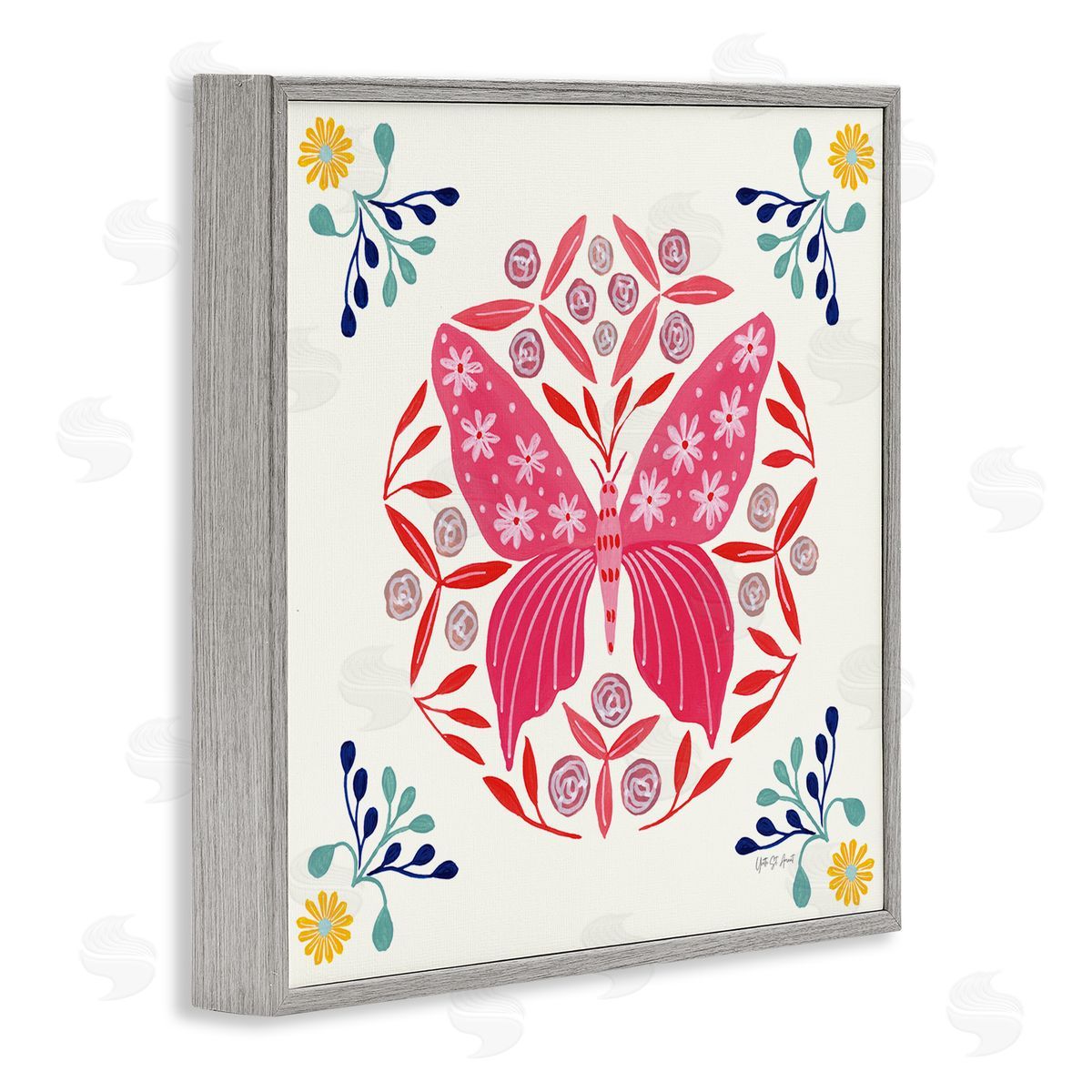 Pink Folk Butterfly Grey Frame Print Wall Art, Home Decor by Yvette St. Amant