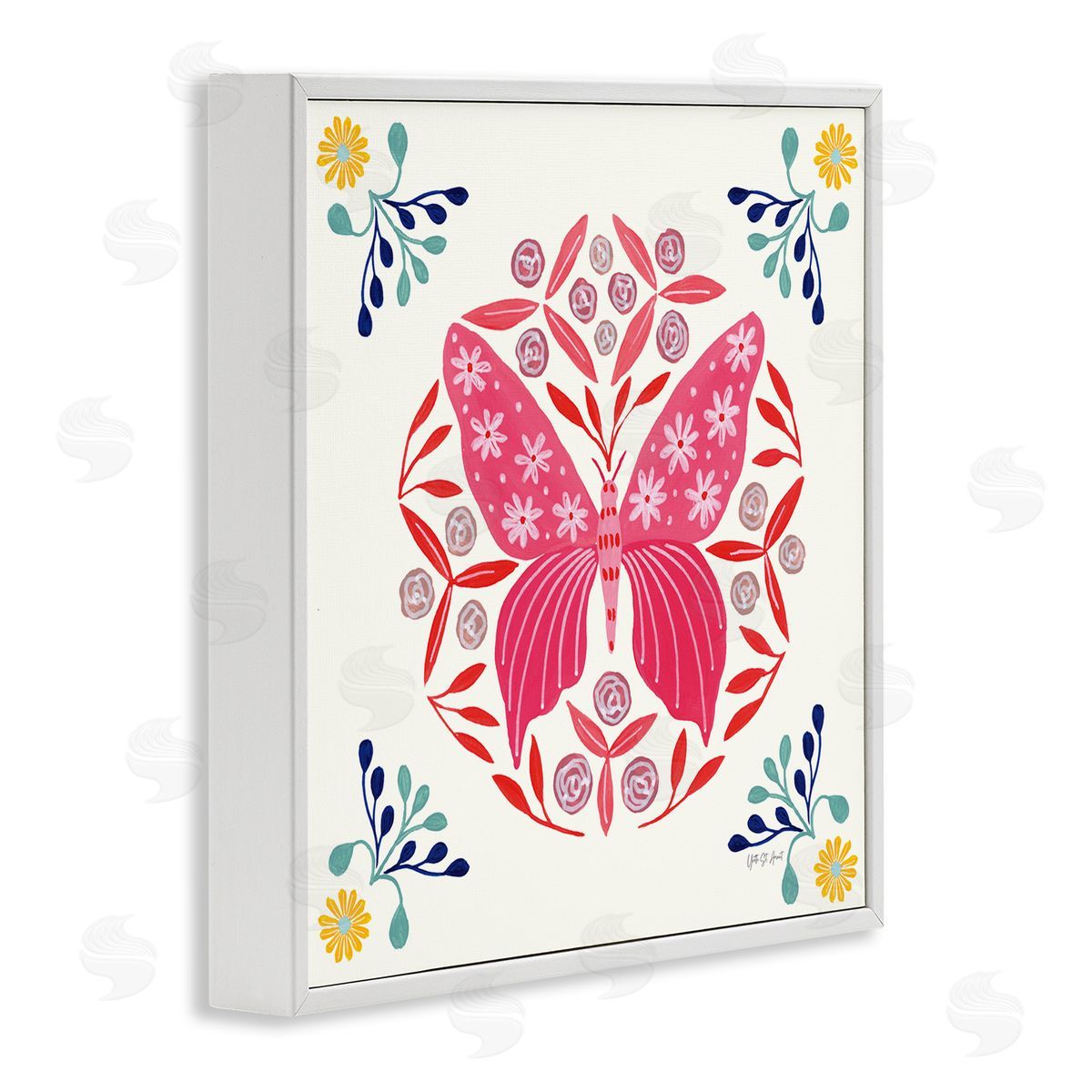 Pink Folk Butterfly White Frame Print Wall Art, Home Decor by Yvette St. Amant