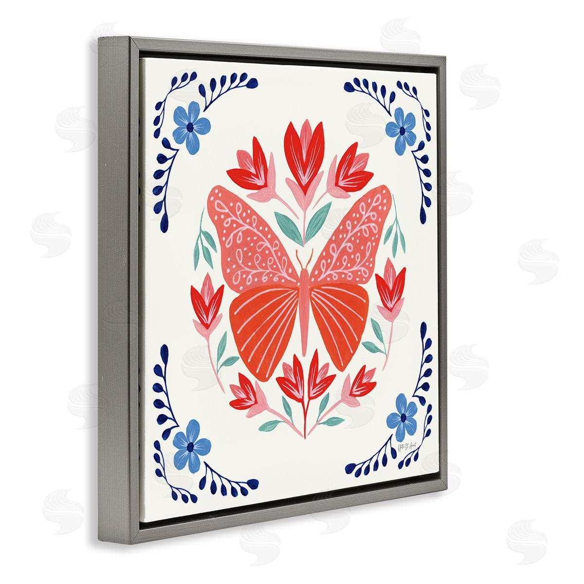 Orange Folk Butterfly Grey Floating Frame Canvas Wall Art, Home Decor by Yvette St. Amant
