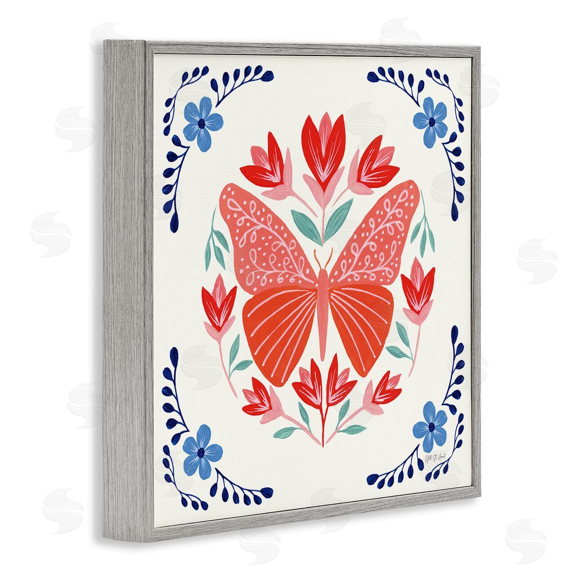 Orange Folk Butterfly Grey Frame Print Wall Art, Home Decor by Yvette St. Amant