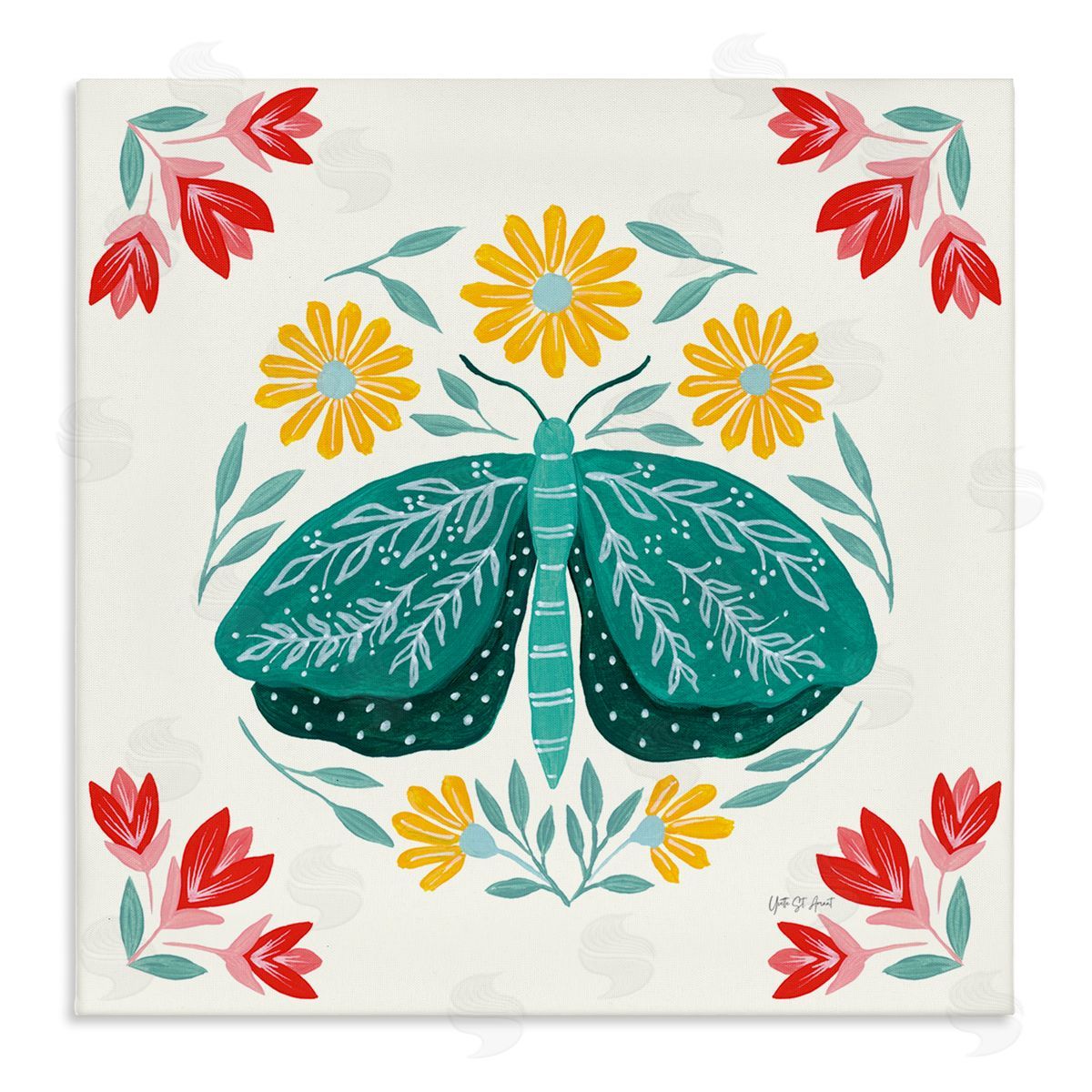 Green Folk Butterfly Canvas Wall Art, Home Decor by Yvette St. Amant