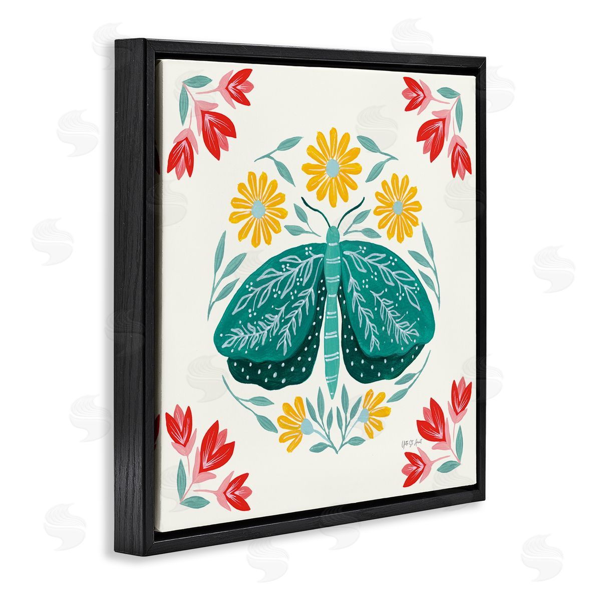 Green Folk Butterfly Black Floating Frame Canvas Wall Art, Home Decor by Yvette St. Amant