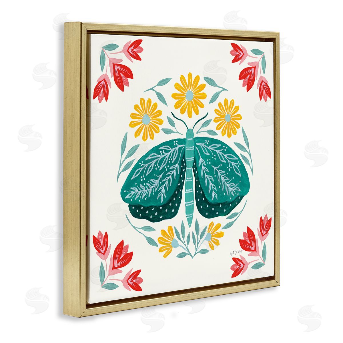 Green Folk Butterfly Gold Floating Frame Canvas Wall Art, Home Decor by Yvette St. Amant