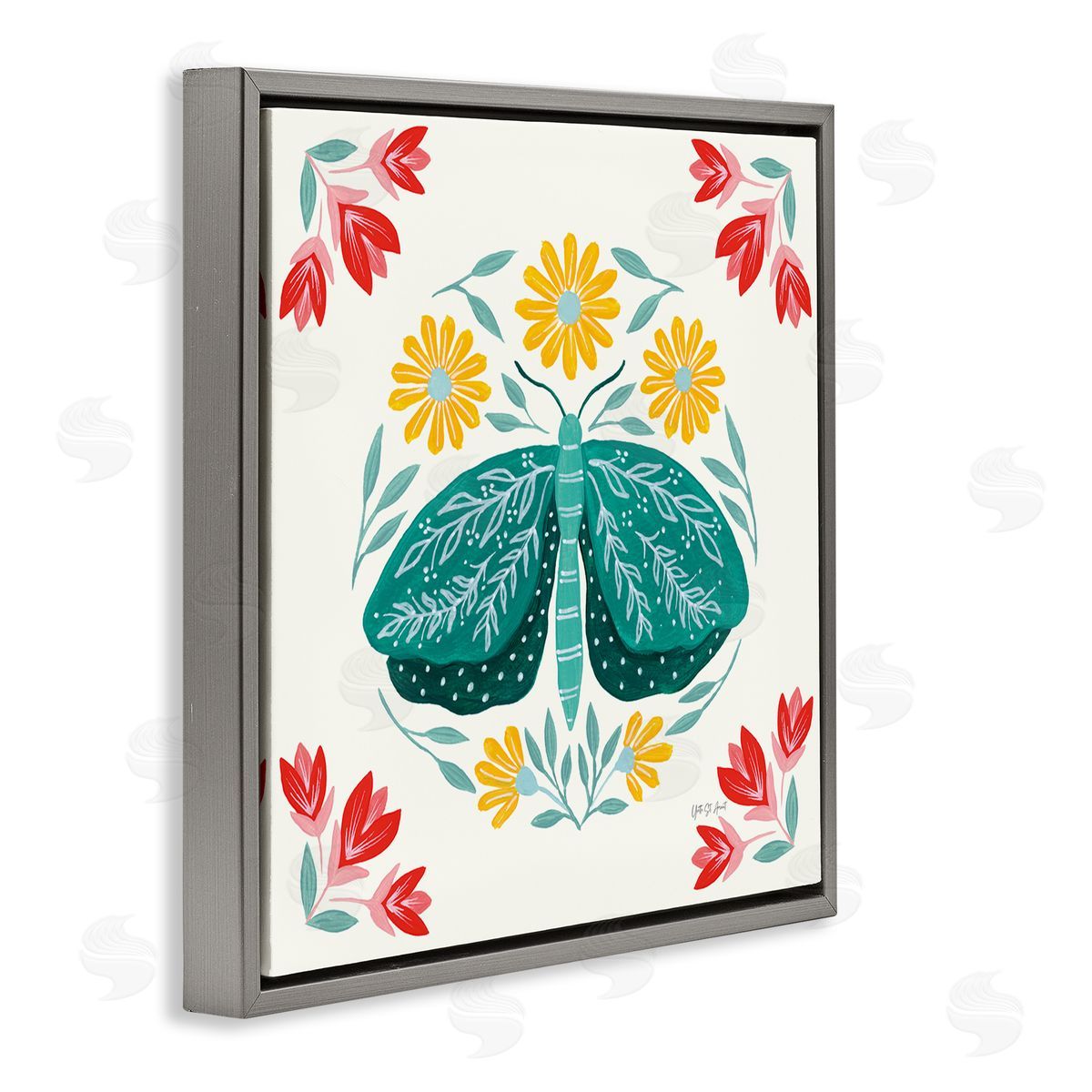 Green Folk Butterfly Grey Floating Frame Canvas Wall Art, Home Decor by Yvette St. Amant